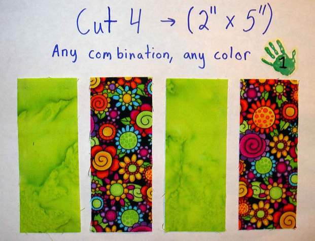 Image for Step 1. Cut 4 pieces of fabric (2 inches by 5 inches). Any combination, any color.